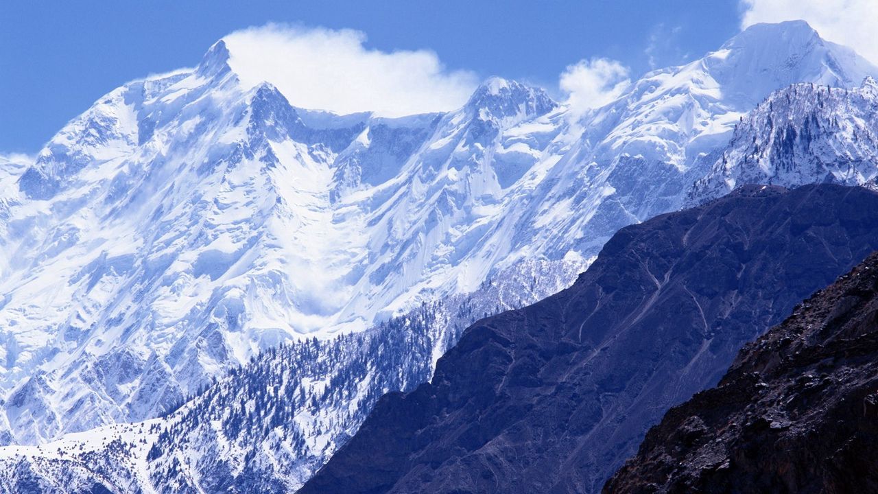 Wallpaper mountains, greatness, wall, snow, tops, shadow, clouds, sky