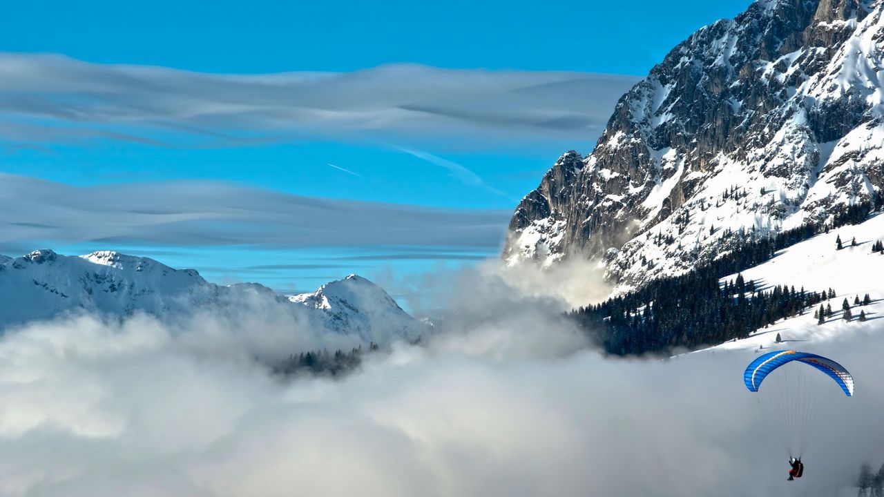 Wallpaper mountains, height, glider pilot, sky, clouds, azure, parachute