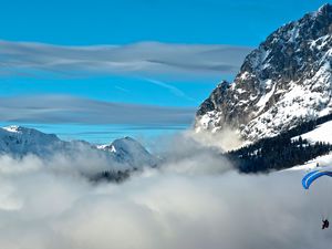 Preview wallpaper mountains, height, glider pilot, sky, clouds, azure, parachute