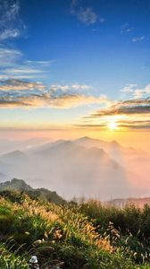 Preview wallpaper mountains, height, look, sun, light, clouds, path, tourists