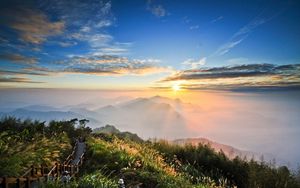 Preview wallpaper mountains, height, look, sun, light, clouds, path, tourists