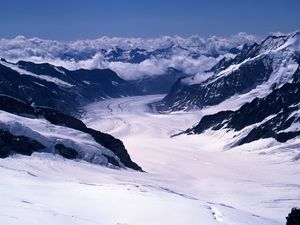 Preview wallpaper mountains, height, river, snow, winter, cold, captivity