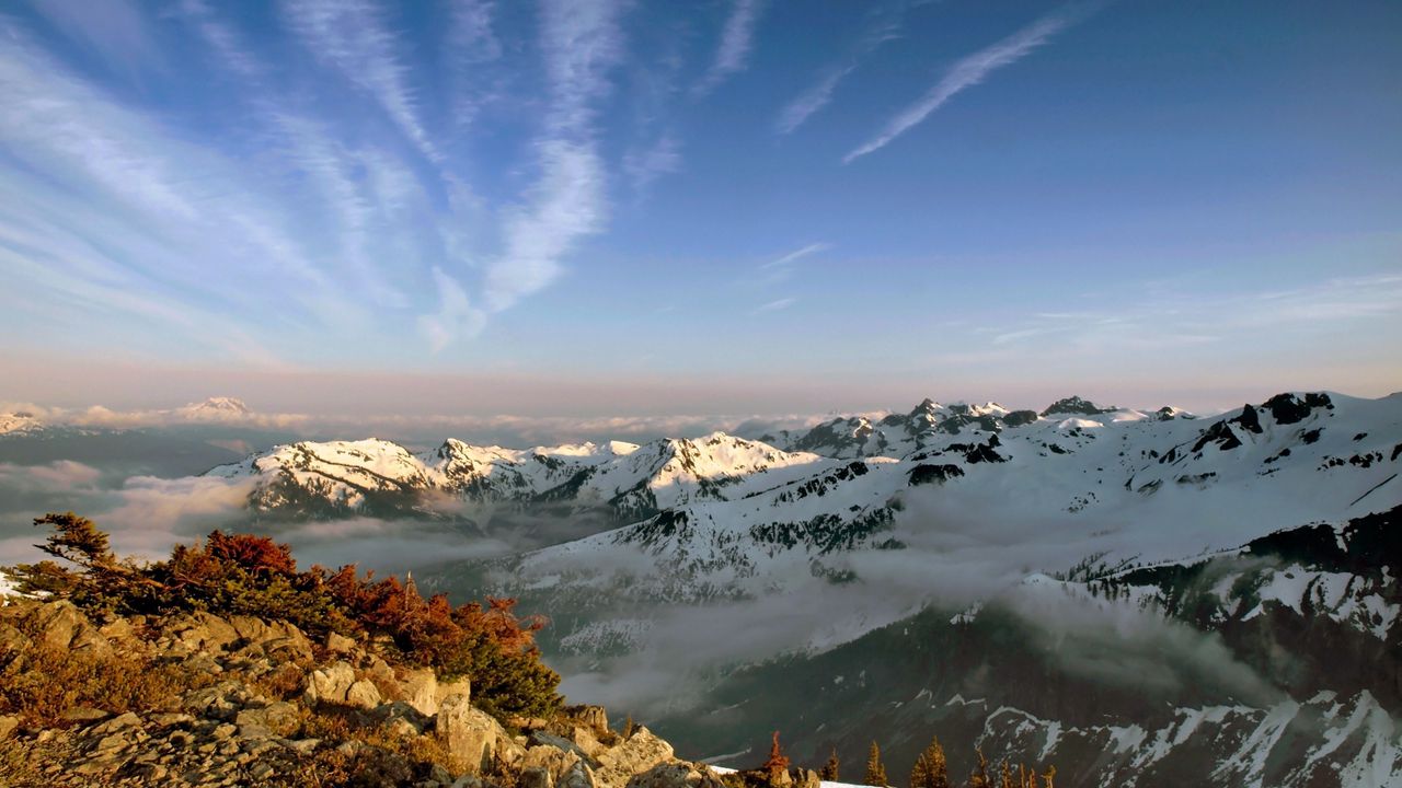 Wallpaper mountains, height, sky, clouds, stones, strips, freshness, tops, snow-covered, solarly