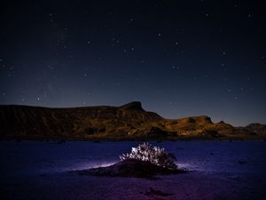 Preview wallpaper mountains, hill, bush, backlight, night, starry sky