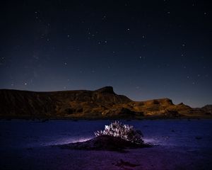 Preview wallpaper mountains, hill, bush, backlight, night, starry sky