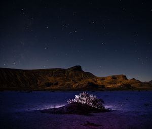 Preview wallpaper mountains, hill, bush, backlight, night, starry sky