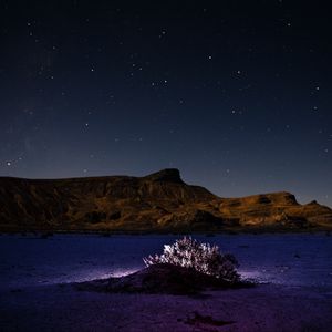 Preview wallpaper mountains, hill, bush, backlight, night, starry sky