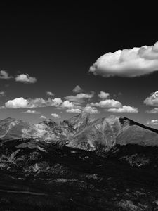 Preview wallpaper mountains, hill, clouds, field, bw