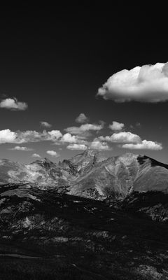 240x400 Wallpaper mountains, hill, clouds, field, bw