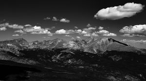 Preview wallpaper mountains, hill, clouds, field, bw