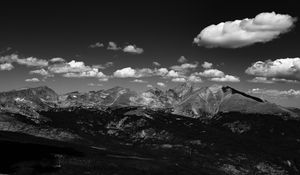 Preview wallpaper mountains, hill, clouds, field, bw