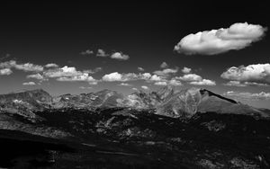 Preview wallpaper mountains, hill, clouds, field, bw