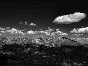 Preview wallpaper mountains, hill, clouds, field, bw