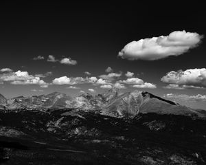 Preview wallpaper mountains, hill, clouds, field, bw