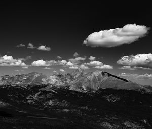 Preview wallpaper mountains, hill, clouds, field, bw