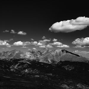 Preview wallpaper mountains, hill, clouds, field, bw