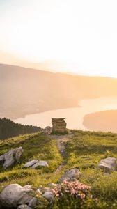 Preview wallpaper mountains, hill, river, landscape, sunlight