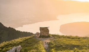 Preview wallpaper mountains, hill, river, landscape, sunlight