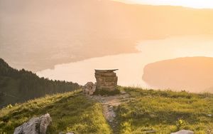 Preview wallpaper mountains, hill, river, landscape, sunlight