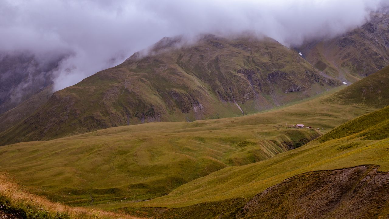 Wallpaper mountains, hills, building, fog