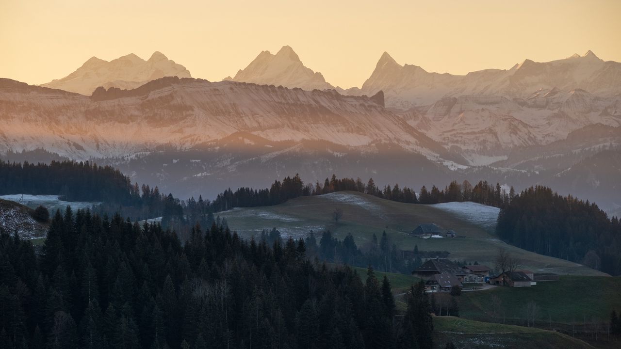 Wallpaper mountains, hills, buildings, trees, nature