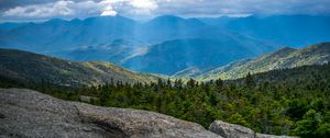 Preview wallpaper mountains, hills, clouds, landscape, forest, trees