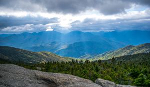 Preview wallpaper mountains, hills, clouds, landscape, forest, trees