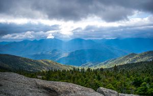 Preview wallpaper mountains, hills, clouds, landscape, forest, trees