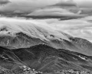 Preview wallpaper mountains, hills, clouds, relief, bw