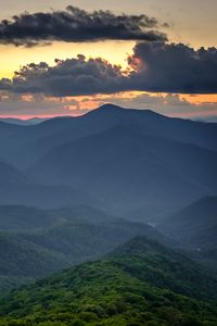 Preview wallpaper mountains, hills, forest, trees, fog, clouds, nature