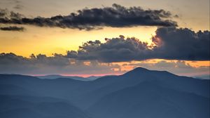 Preview wallpaper mountains, hills, forest, trees, fog, clouds, nature