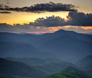 Preview wallpaper mountains, hills, forest, trees, fog, clouds, nature