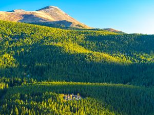 Preview wallpaper mountains, hills, forest, trees, houses, landscape, aerial view