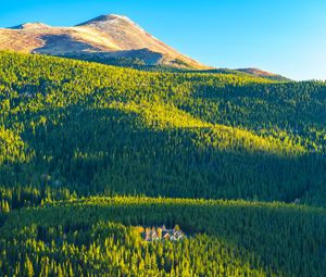 Preview wallpaper mountains, hills, forest, trees, houses, landscape, aerial view