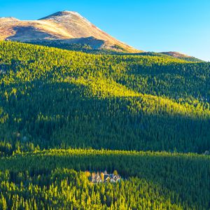 Preview wallpaper mountains, hills, forest, trees, houses, landscape, aerial view