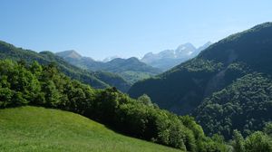 Preview wallpaper mountains, hills, forest, slope, grass