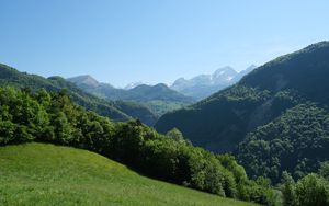 Preview wallpaper mountains, hills, forest, slope, grass