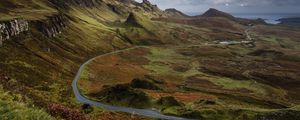 Preview wallpaper mountains, hills, grass, valley, road