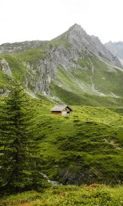 Preview wallpaper mountains, hills, house, nature, greenery