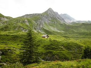 Preview wallpaper mountains, hills, house, nature, greenery