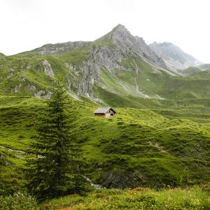 Preview wallpaper mountains, hills, house, nature, greenery