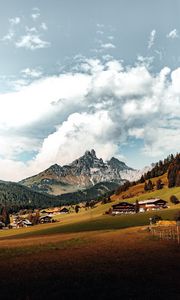 Preview wallpaper mountains, hills, meadow, trees, houses, landscape