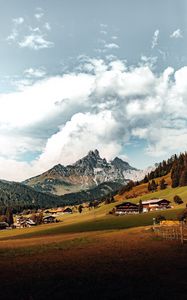 Preview wallpaper mountains, hills, meadow, trees, houses, landscape