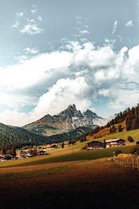 Preview wallpaper mountains, hills, meadow, trees, houses, landscape