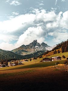 Preview wallpaper mountains, hills, meadow, trees, houses, landscape