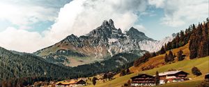 Preview wallpaper mountains, hills, meadow, trees, houses, landscape