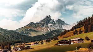 Preview wallpaper mountains, hills, meadow, trees, houses, landscape
