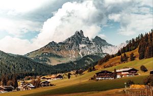 Preview wallpaper mountains, hills, meadow, trees, houses, landscape