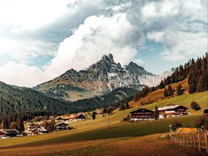 Preview wallpaper mountains, hills, meadow, trees, houses, landscape