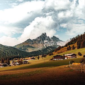 Preview wallpaper mountains, hills, meadow, trees, houses, landscape